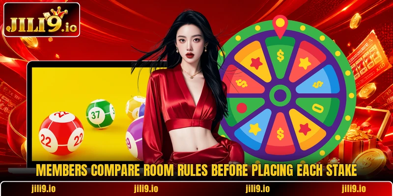 Members compare room rules before placing each stake
