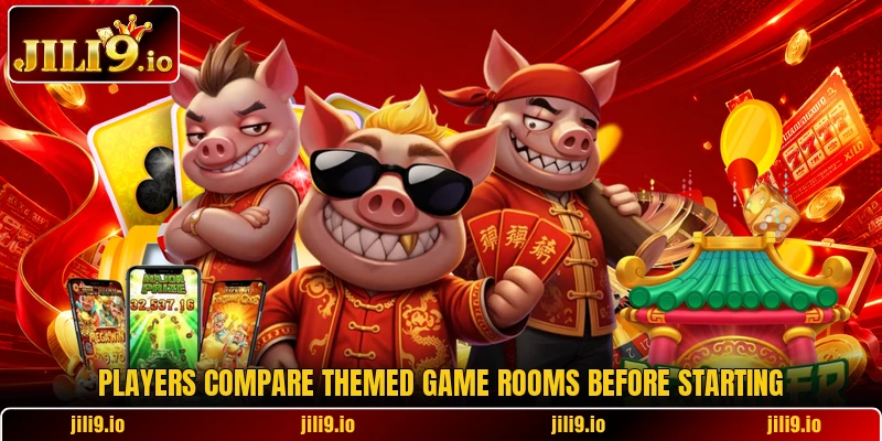 Players compare themed game rooms before starting Players compare themed game rooms before starting